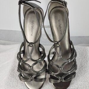 Liz Claiborne Sachi Gunmetal Silver Leather Upper Sandals 2 inch Heel Size 9M